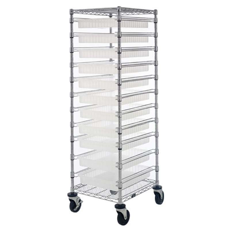 Bin Cart, 21in W x 24in L x 69in H, with 11 DG93030 Grey Bins (22-1/2" x 17-1/2" x 3 in)